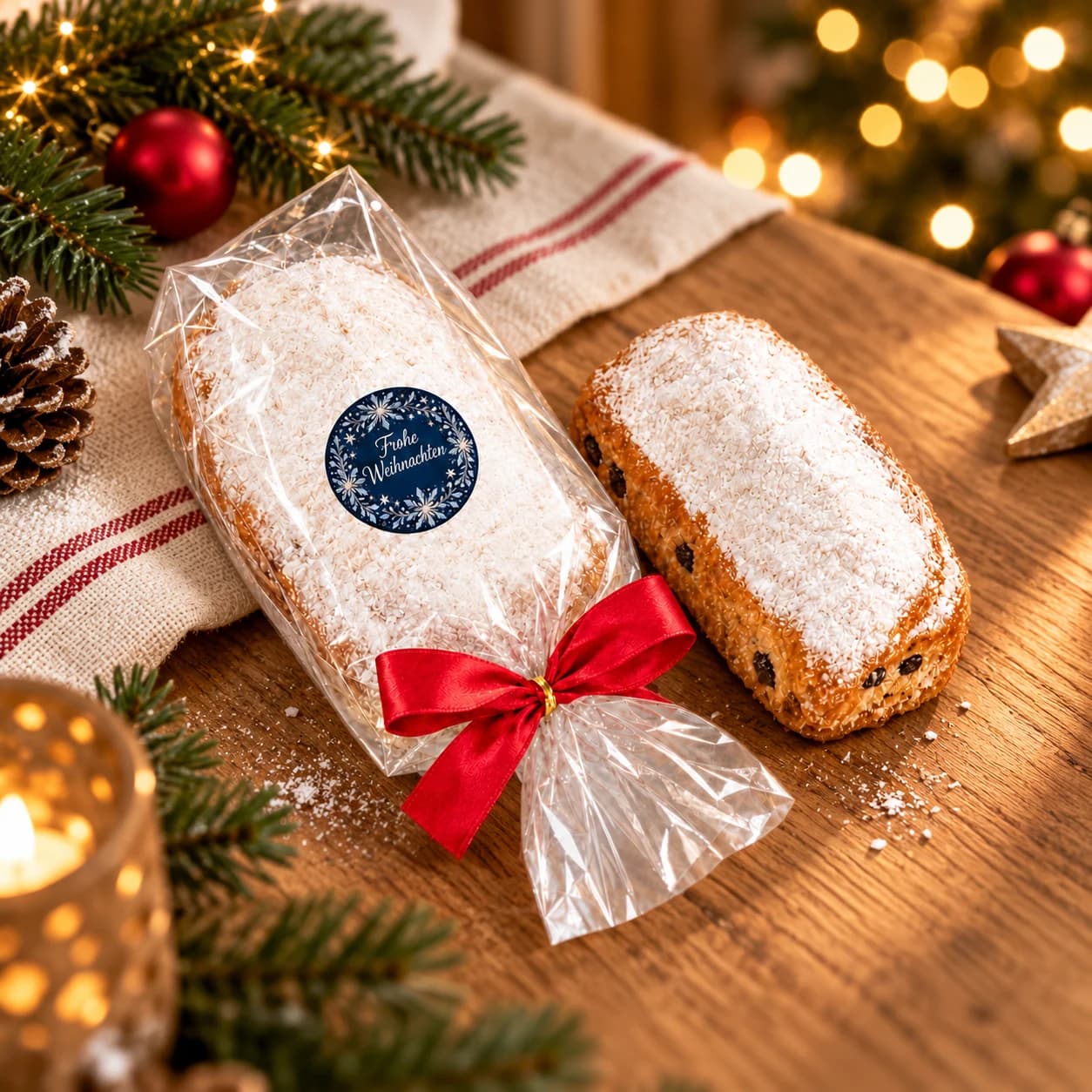 Christstollen in weihnachtlicher Atmosphäre – KI-Inszenierung auf Basis der Produktvorlage