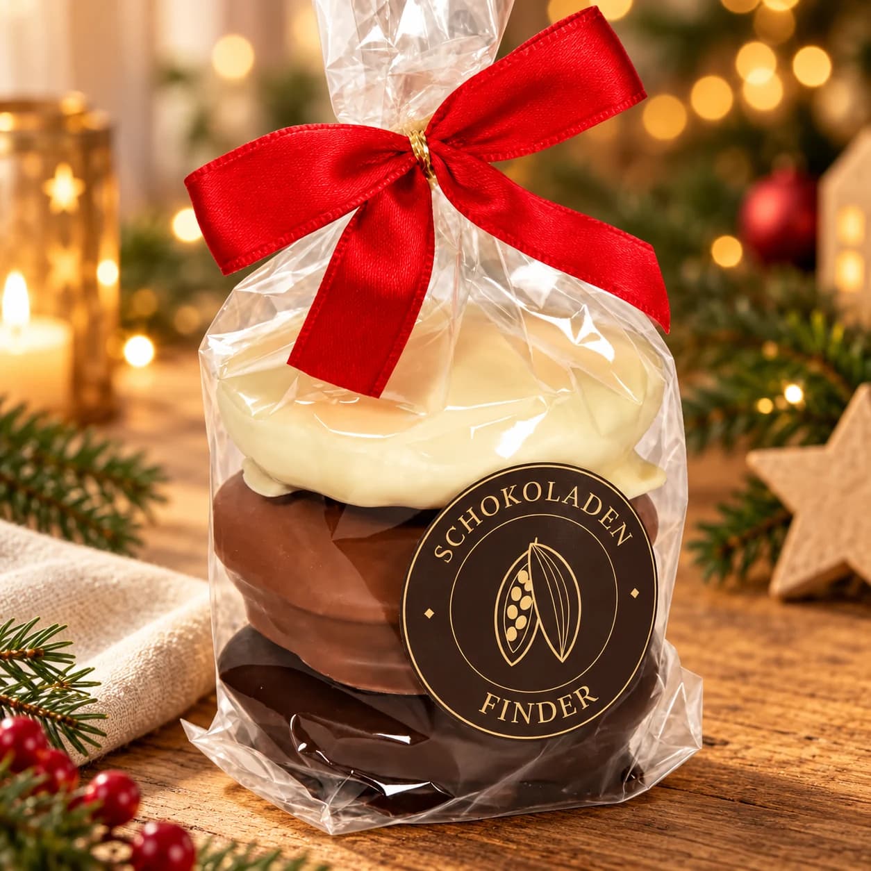 Lebkuchen in weihnachtlicher Atmosphäre – KI-Inszenierung auf Basis der Produktvorlage