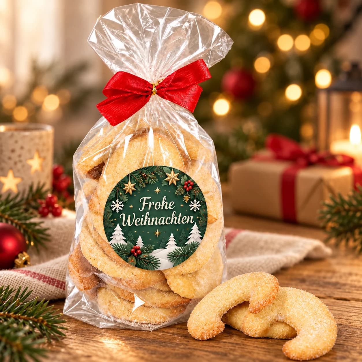 Vanillekipferl in weihnachtlicher Atmosphäre – KI-Inszenierung auf Basis der Produktvorlage